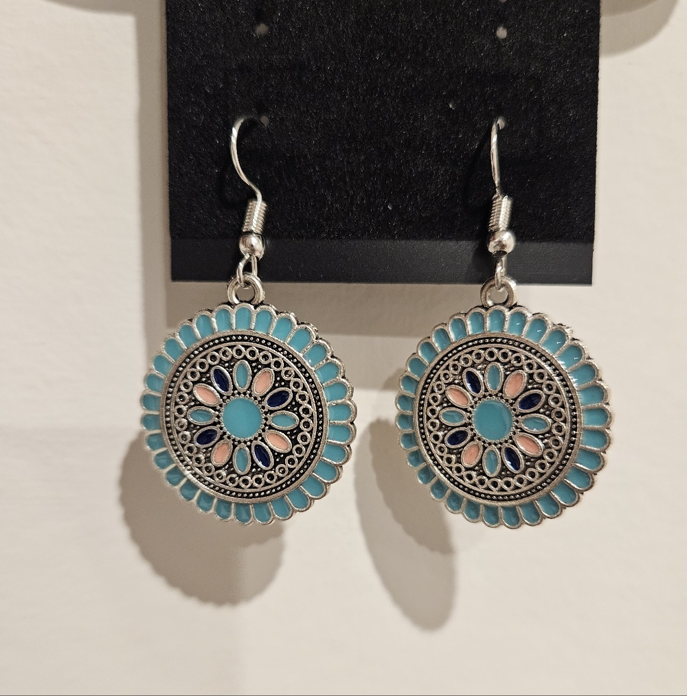 Source Unknown Turquoise, Pink & Navy Floral Drop Earrings - Women Jewelry